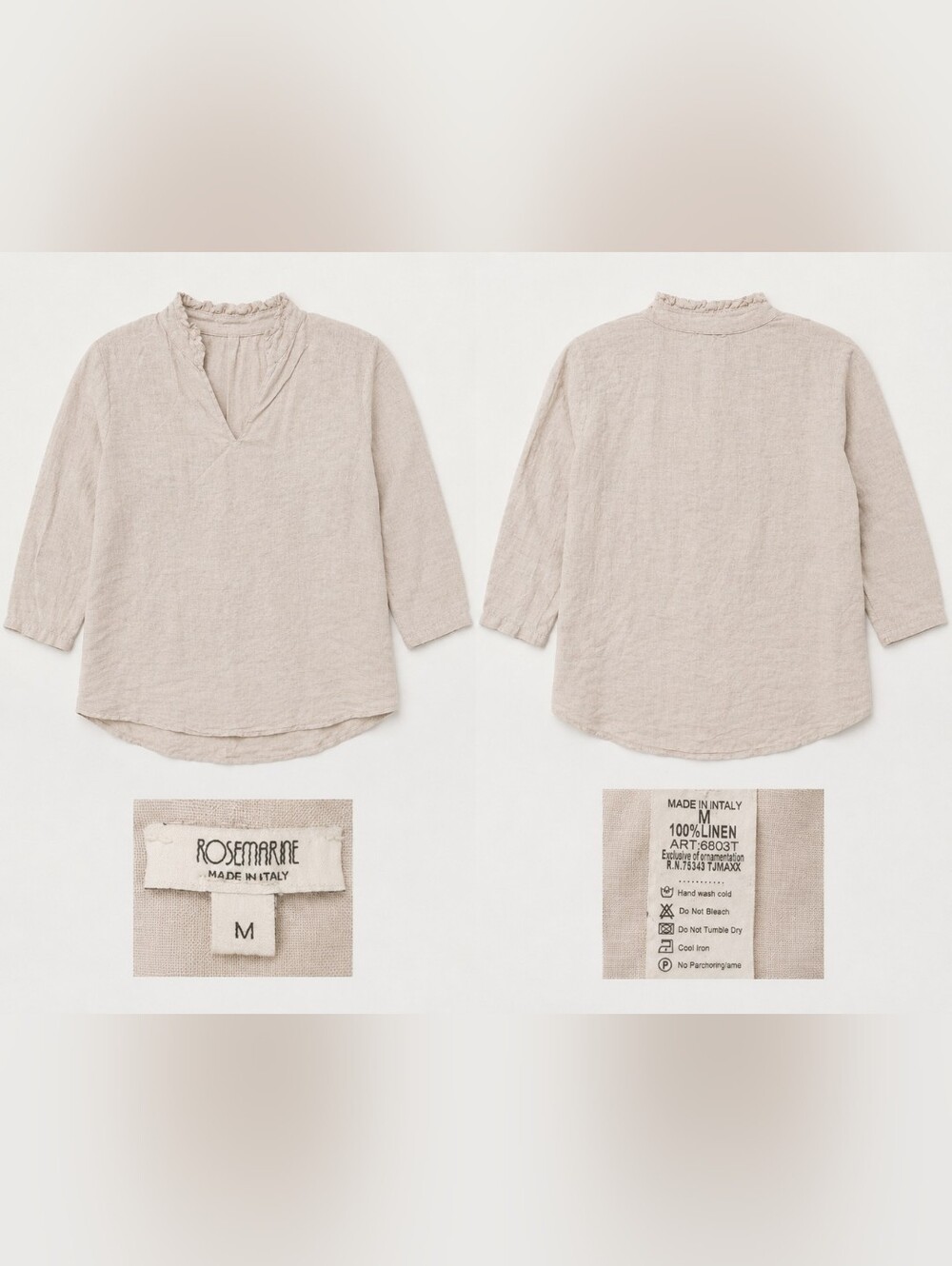 Rosemarine Made in Italy 100% Linen Blouse, Medium, Ruffle Collar